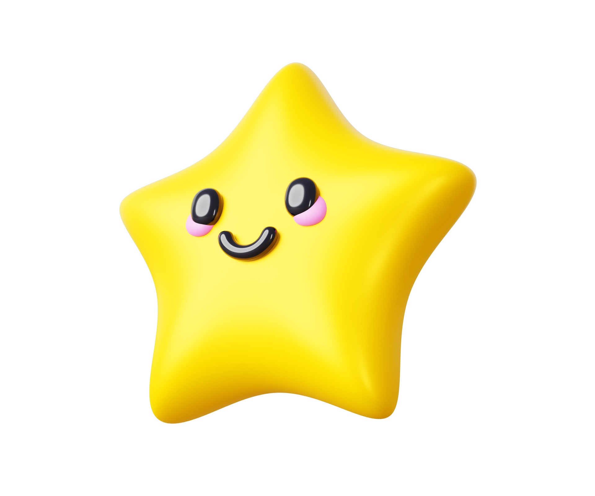 Kawaii star happy character with smiling face and eyes 3d render icon. Cartoon funny mascot, yellow gold smile emoji, cute children sticker, badge or medal for education, game element